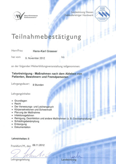 Teilnahmebestätigung für Hans Grasser zum Seminar über Tatort- und Leichenfundreinigung.